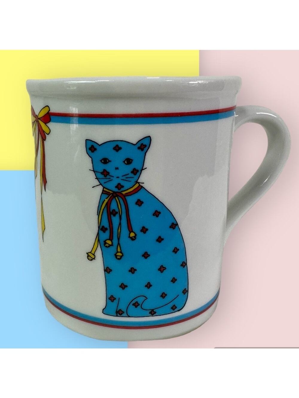 3/$20 Carolyn Lary Papel Made in Japan Blue Cat White 8 Oz Ceramic Coffee Mug